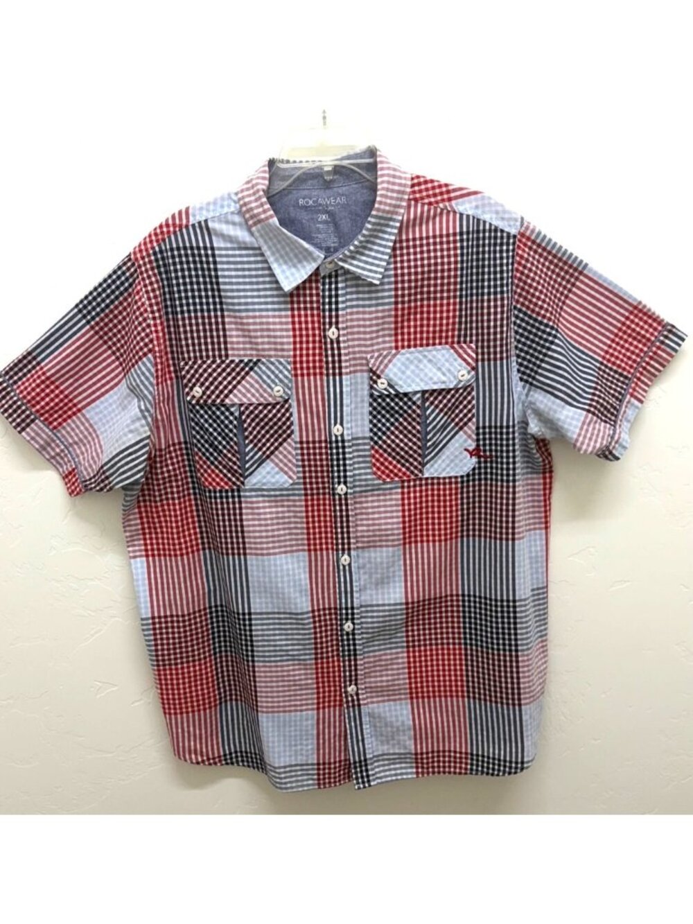 Rocawear 2XL Red Black Blue Plaid Short Sleeve Button-Up Denim Pocket Shirt
